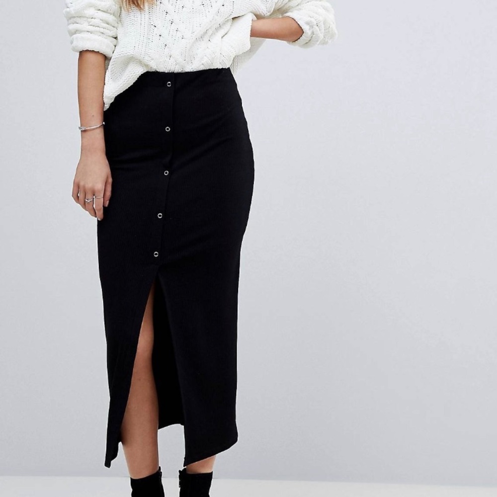 ASOS design rib popper Black Button-Down silver button split front Maxi Skirt 2